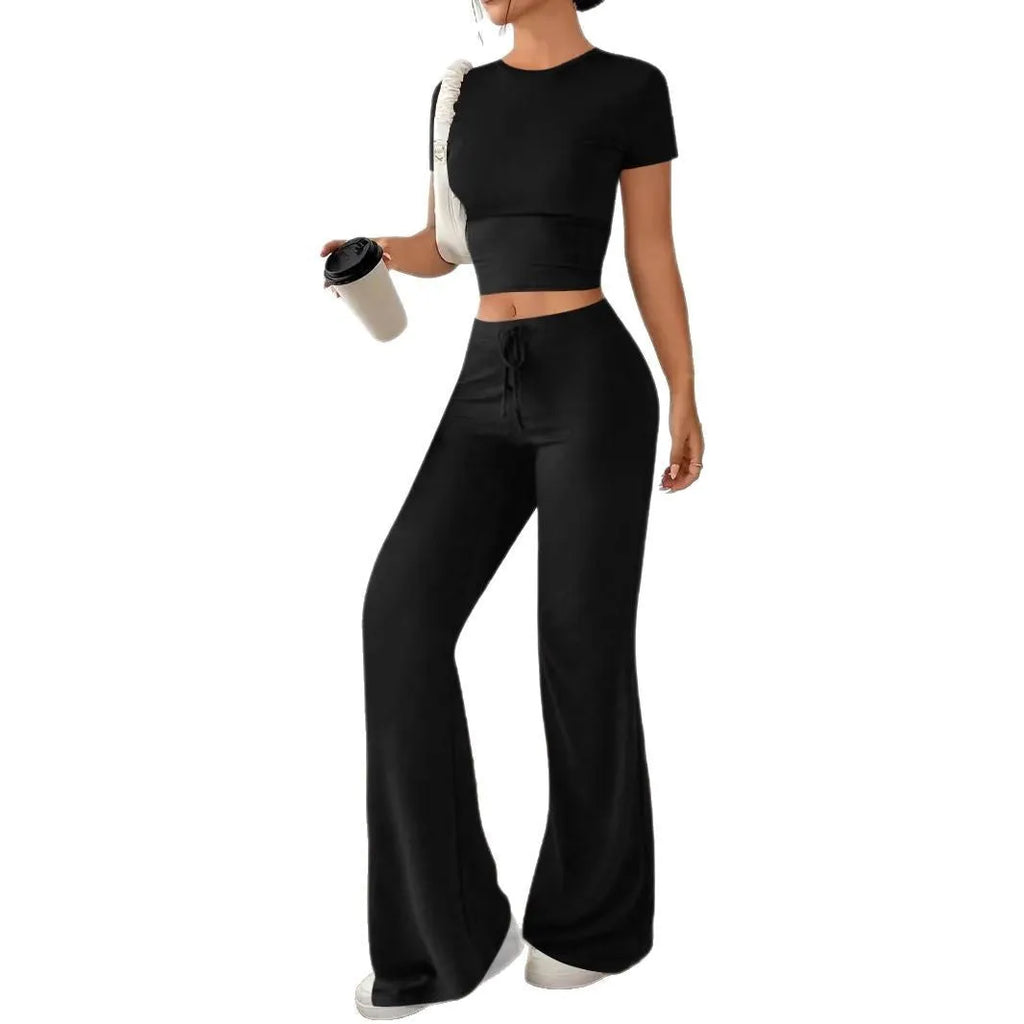 Women's black high waist trousers and short sleeve top polyester suit set