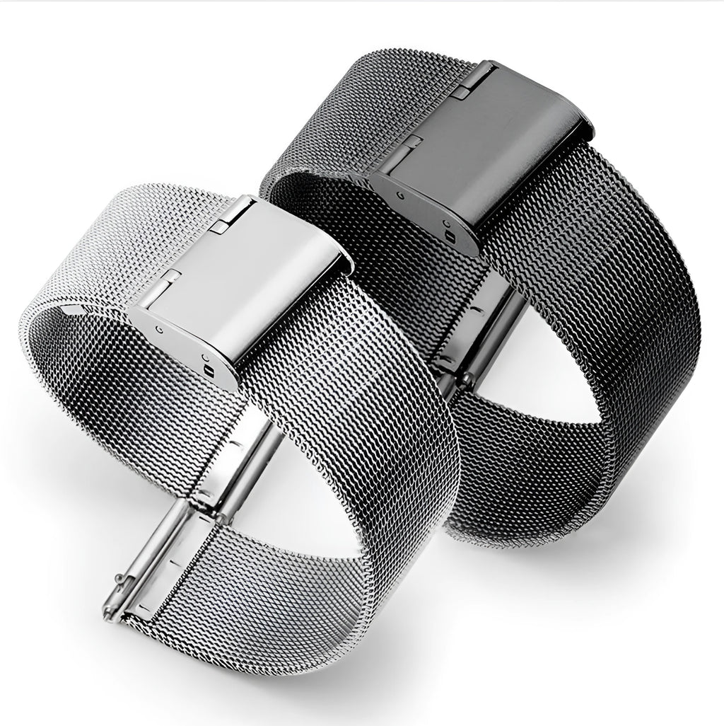 Milani silk woven stainless steel watch band in silver, black, rose gold, and gold colours showing six bandwidth sizes from 12mm to 22mm