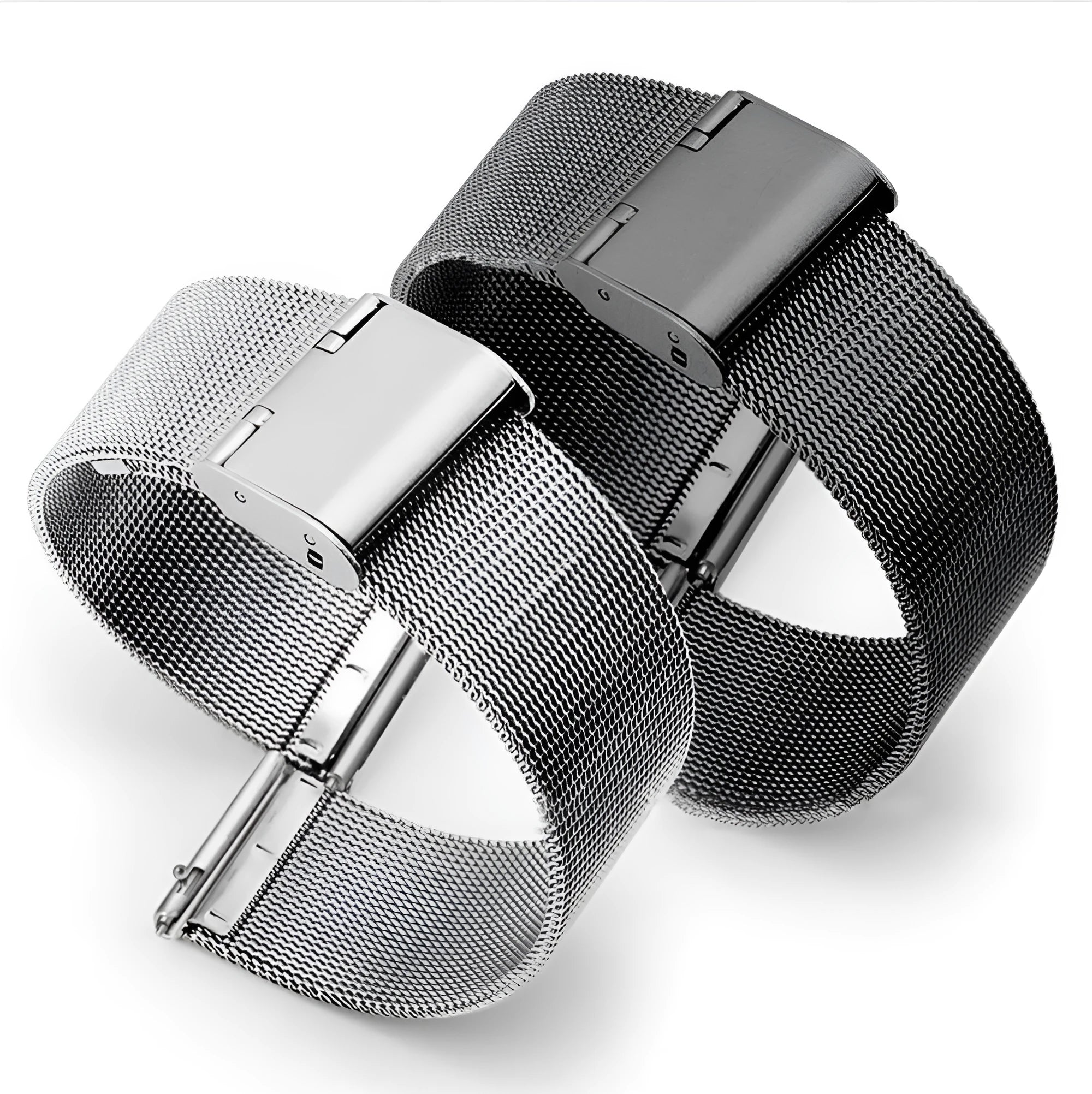 Milani silk woven stainless steel watch band in silver, black, rose gold, and gold colours showing six bandwidth sizes from 12mm to 22mm