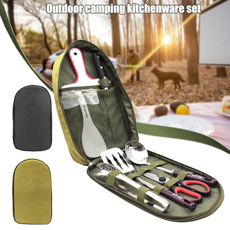 8-piece stainless steel camp kitchen cooking utensil set in black Oxford storage bag on green background