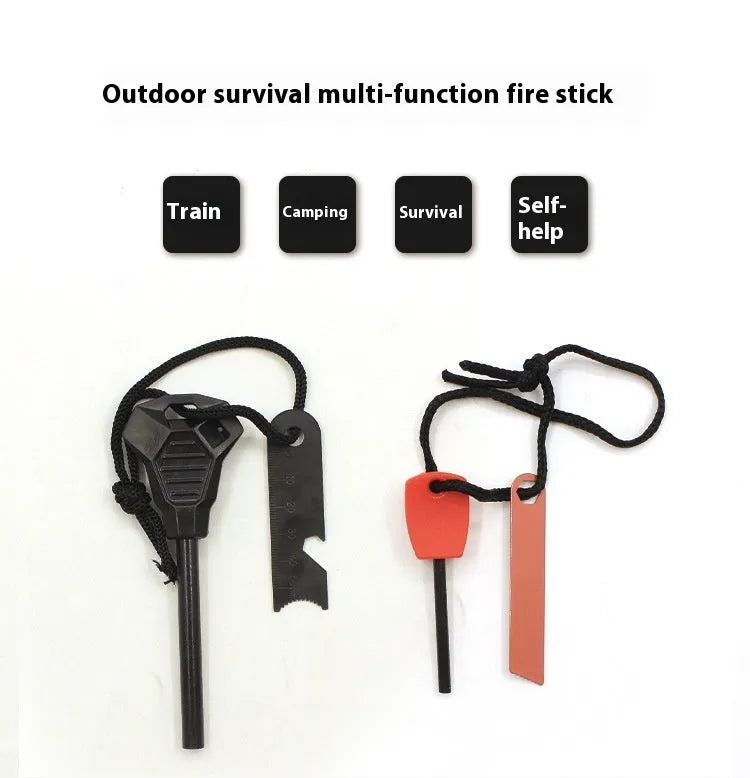 Black outdoor multifunctional survival flint with magnesium rod and stainless steel scraper tool.