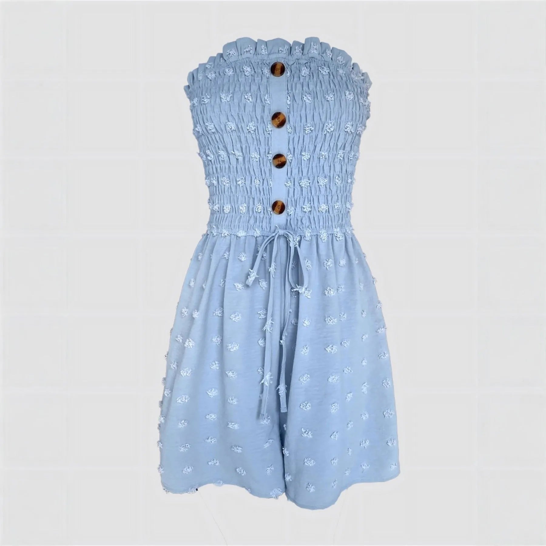 Blue off-shoulder women's jumpsuit with sleeveless design and mid waist on mannequin