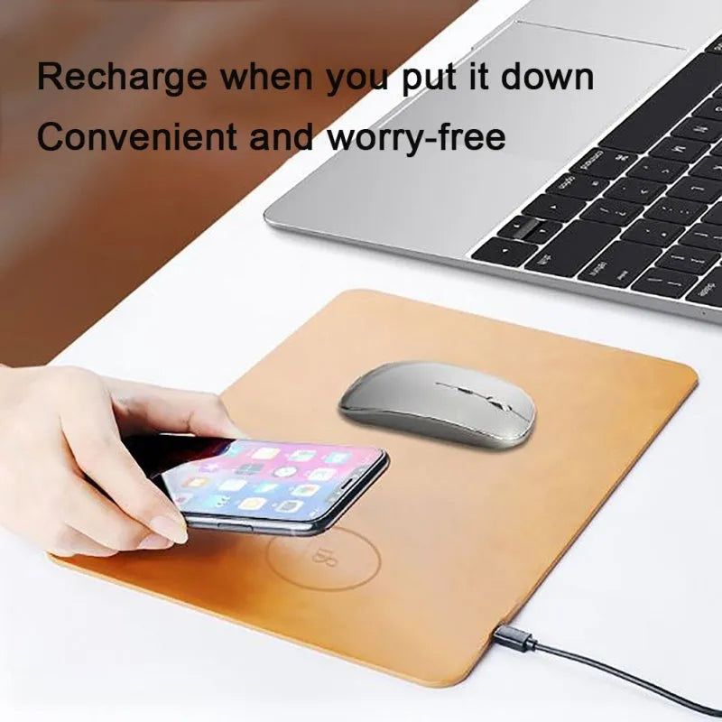 Brown leather and PU wireless charging mouse pad with Micro USB port for fast smartphone charging.