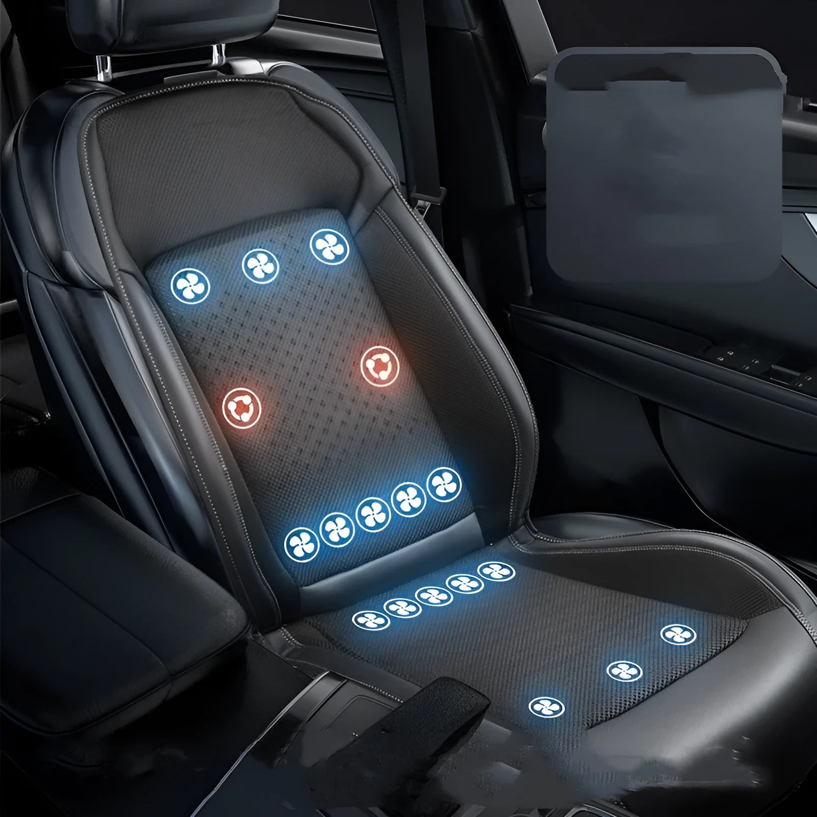 Black car seat cooling pad with minimalist design and USB power cable for 12V/24V systems.