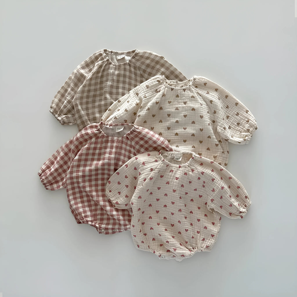Cotton double-layer gauze casual romper for babies, pullover style, long sleeves, pink plaid pattern