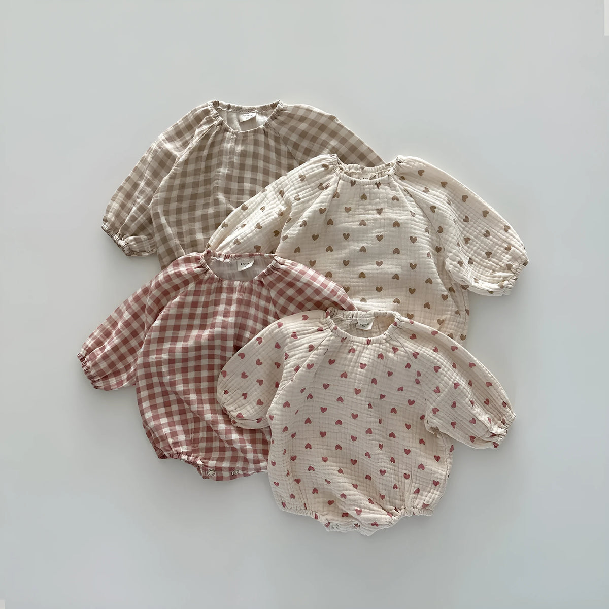 Cotton double-layer gauze casual romper for babies, pullover style, long sleeves, pink plaid pattern