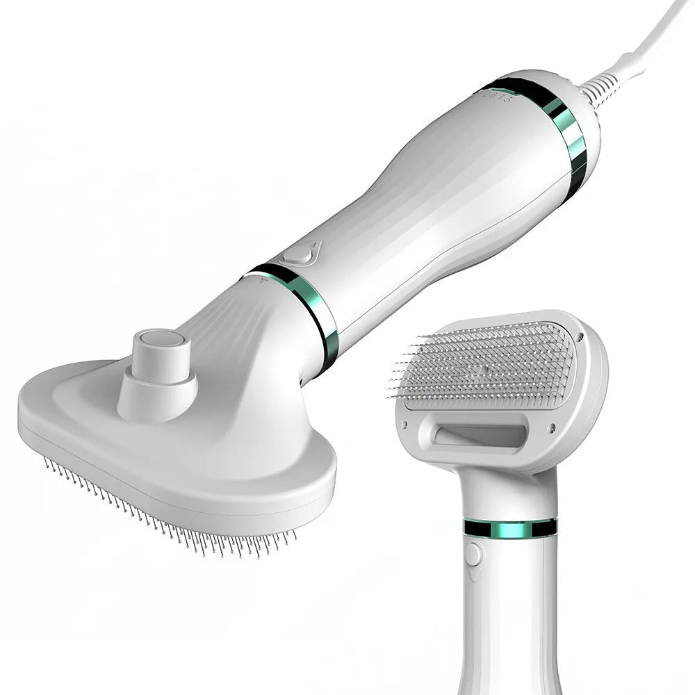 White 2-in-1 pet comb hair dryer with ergonomic handle and stainless steel needle comb