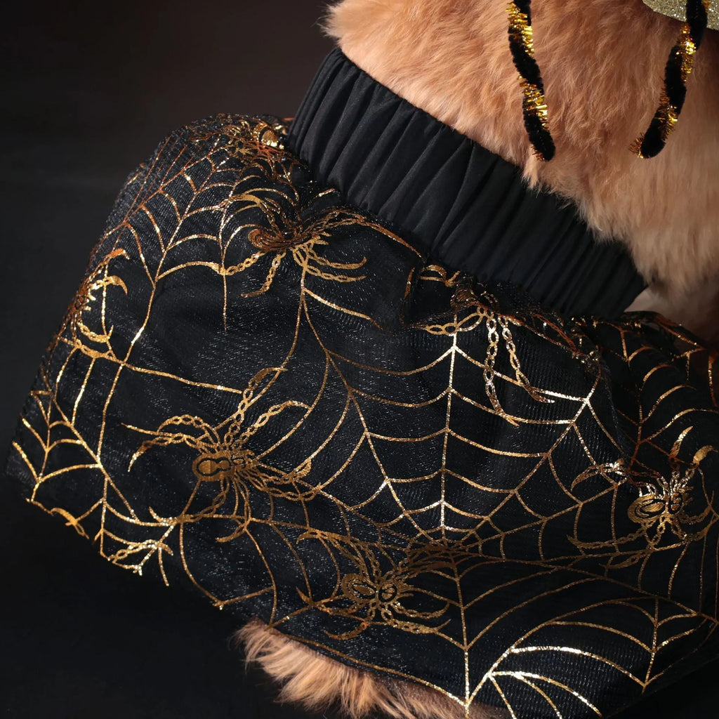 A brown polyester suit costume for a dog, shown on a pet, suitable for Halloween or parties.