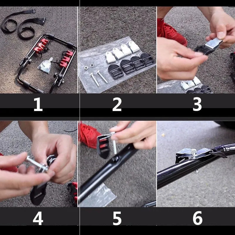 Black and red trunk-mounted bike rack showing pull belt and tie rope style options.