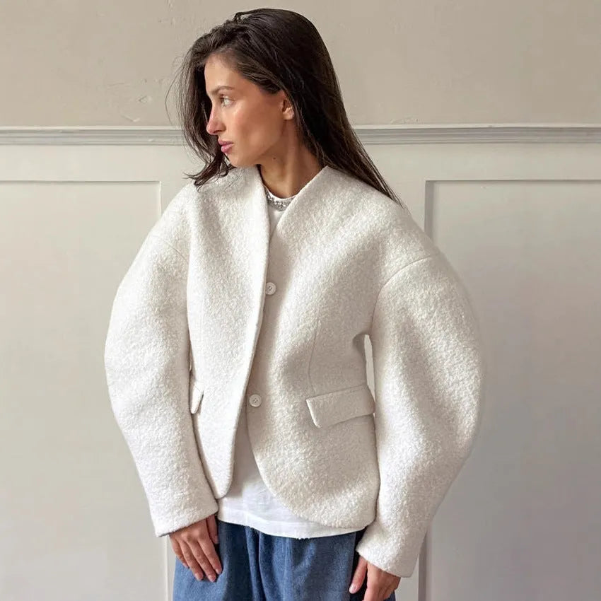 Women's thick woolen coat solid white with raglan sleeves loose fit commuting style 100% polyester