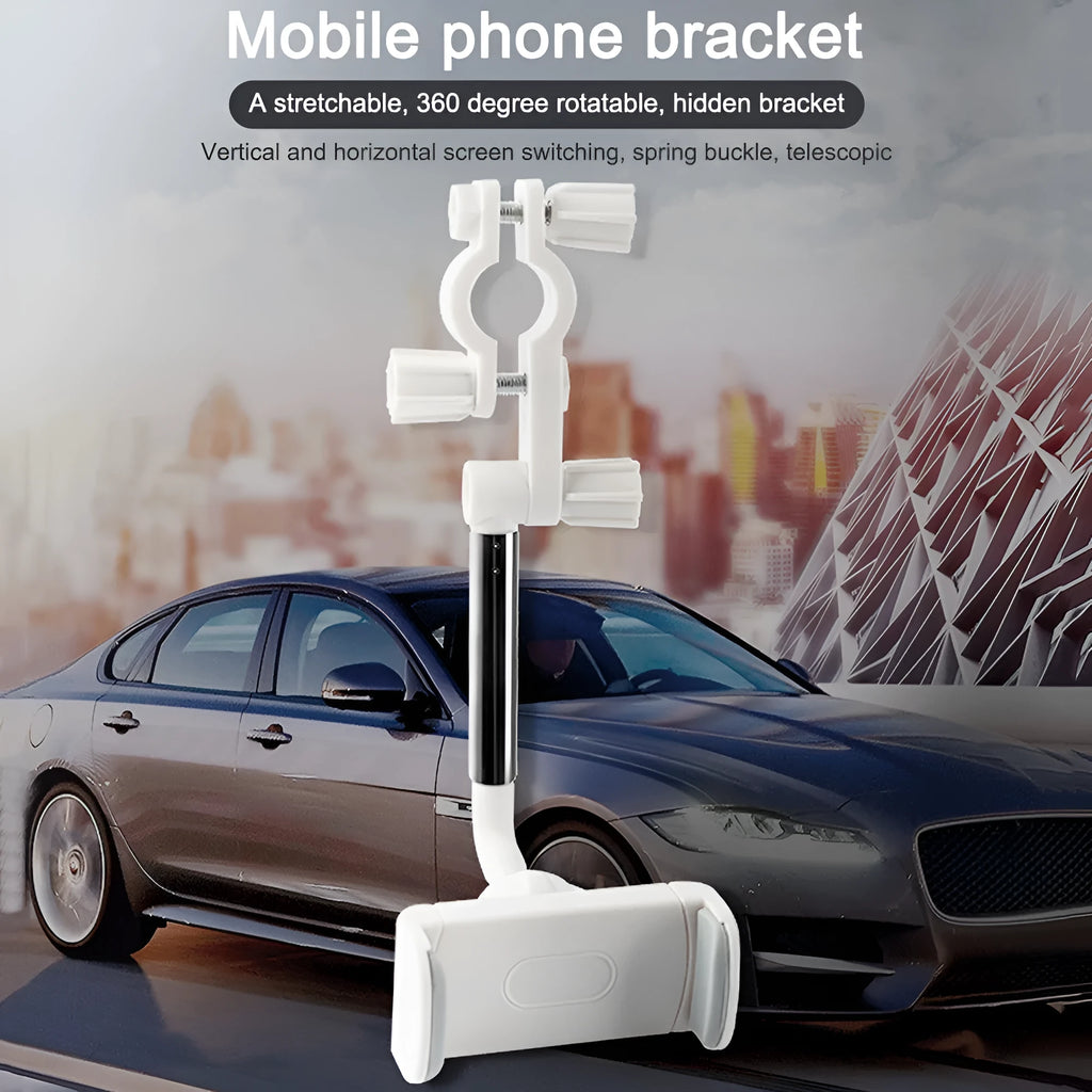 Black car rearview mirror phone holder showing 360-degree rotation joint and foam-padded phone cradle