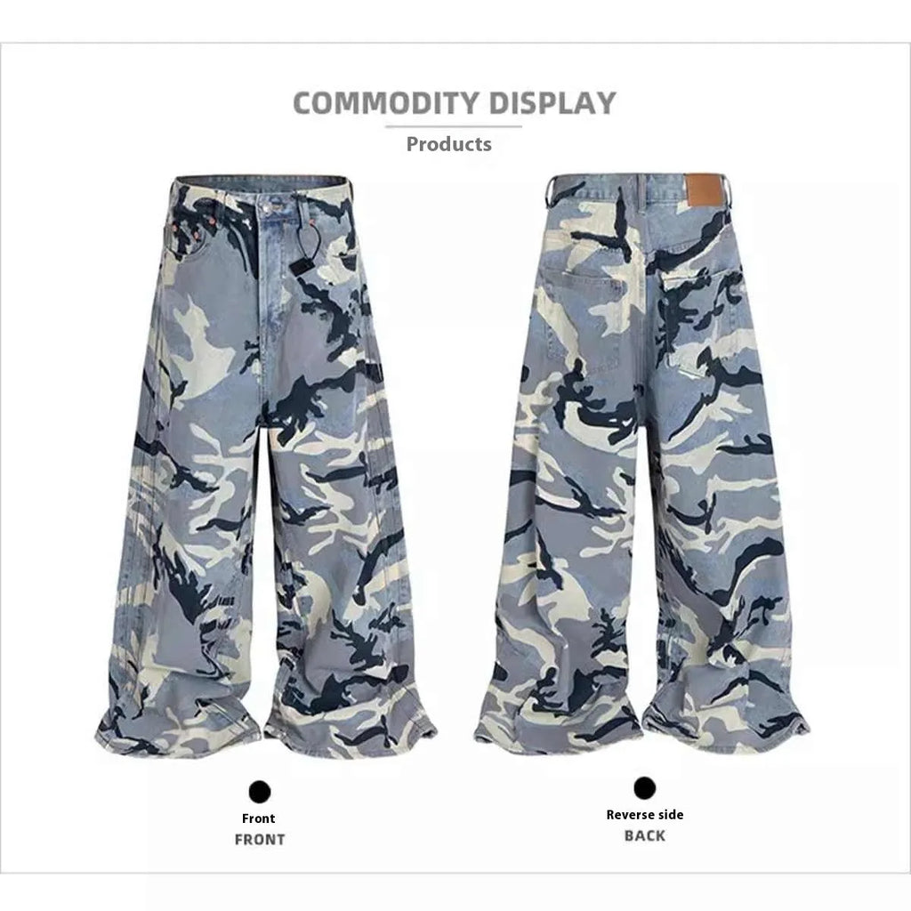 Snow camouflage blue jeans with camouflage pattern in loose fit stretch denim