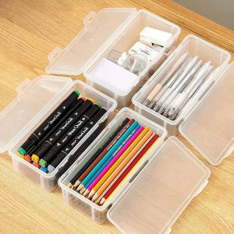 Large transparent plastic stationery storage box holding coloured pencils and crayons.