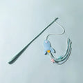 Blue cat teaser toy with a long pole, inflatable ego shape, and colourful feathers.