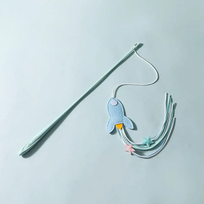 Blue cat teaser toy with a long pole, inflatable ego shape, and colourful feathers.