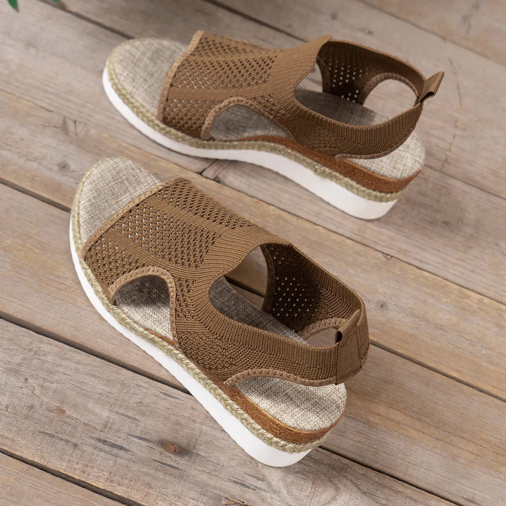 Women's hollow wedges sandals in beige with fly woven mesh upper and peep-toe design