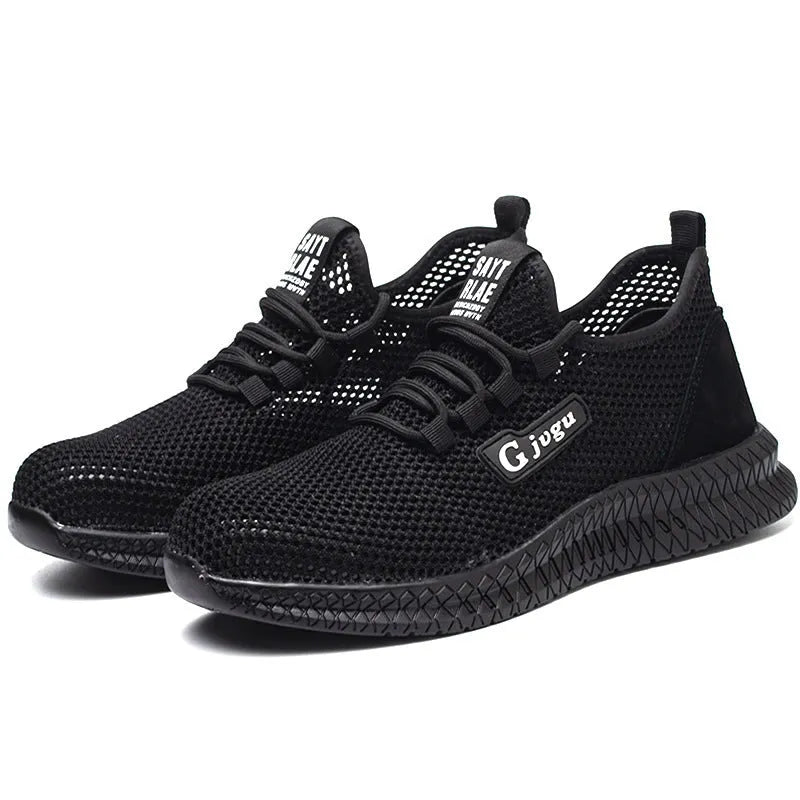 Men's black Flyknit steel toe safety work shoes with low-top design on industrial floor