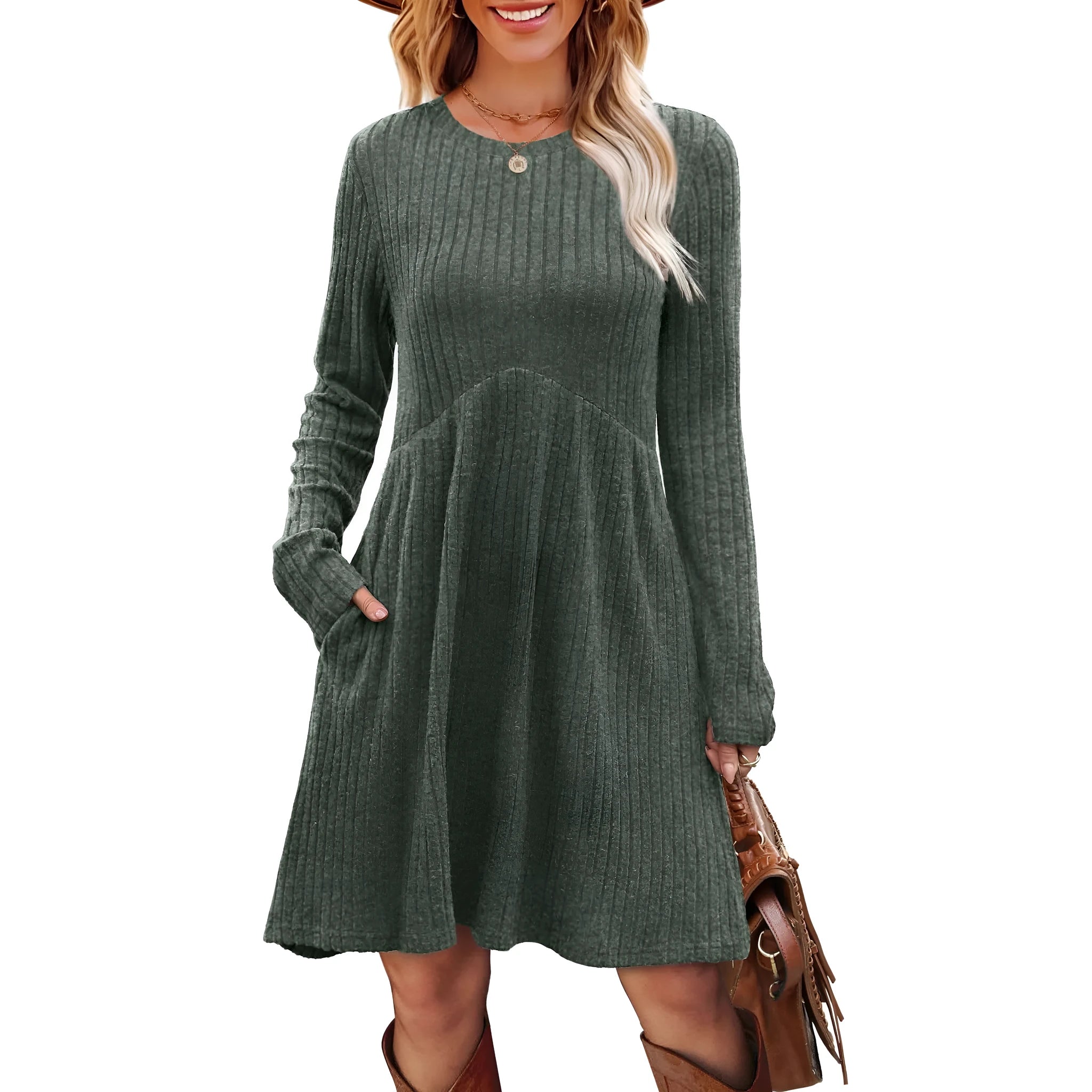 Women's bohemian brushed sunken stripe solid colour princess dress mid length wide waist autumn winter