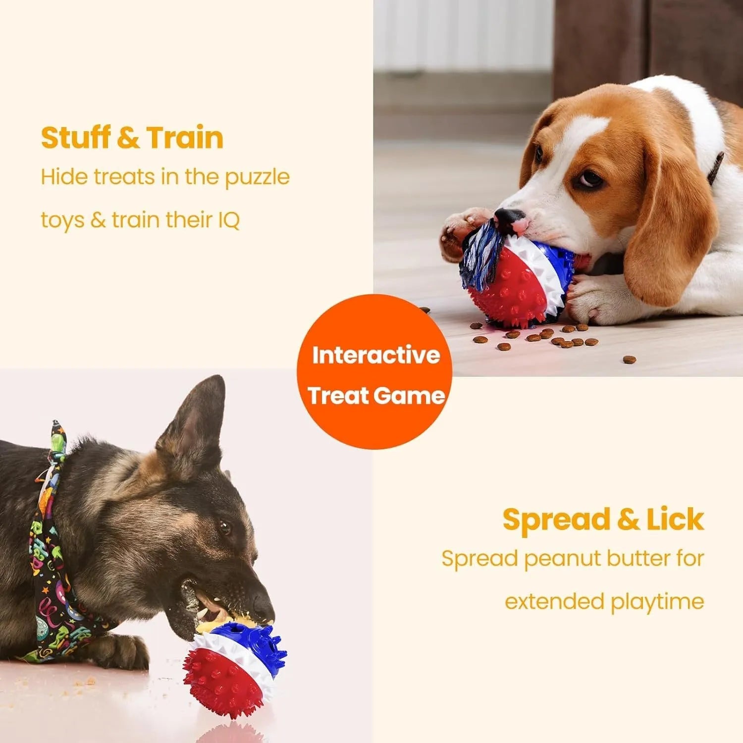 Blue and red TPR rubber dog chew ball with treat hole and rope, for large breed dogs.
