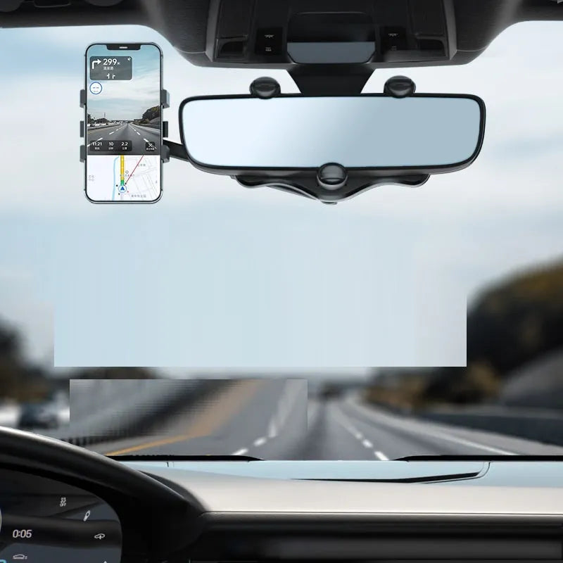 Vehicle rearview mirror navigation bracket with 360-degree rotation and adjustable clip in five colour variants