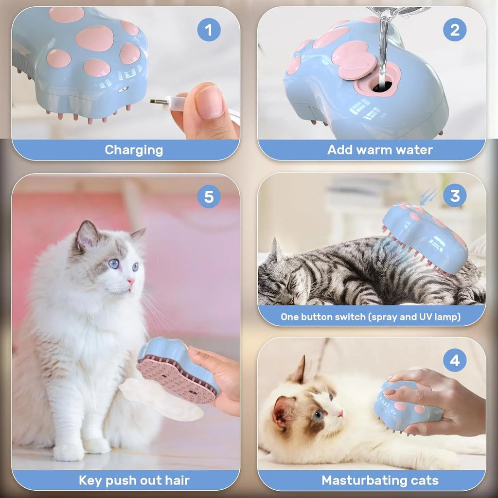 Blue self-cleaning cat steam brush with silicone bristles and release button for pet grooming