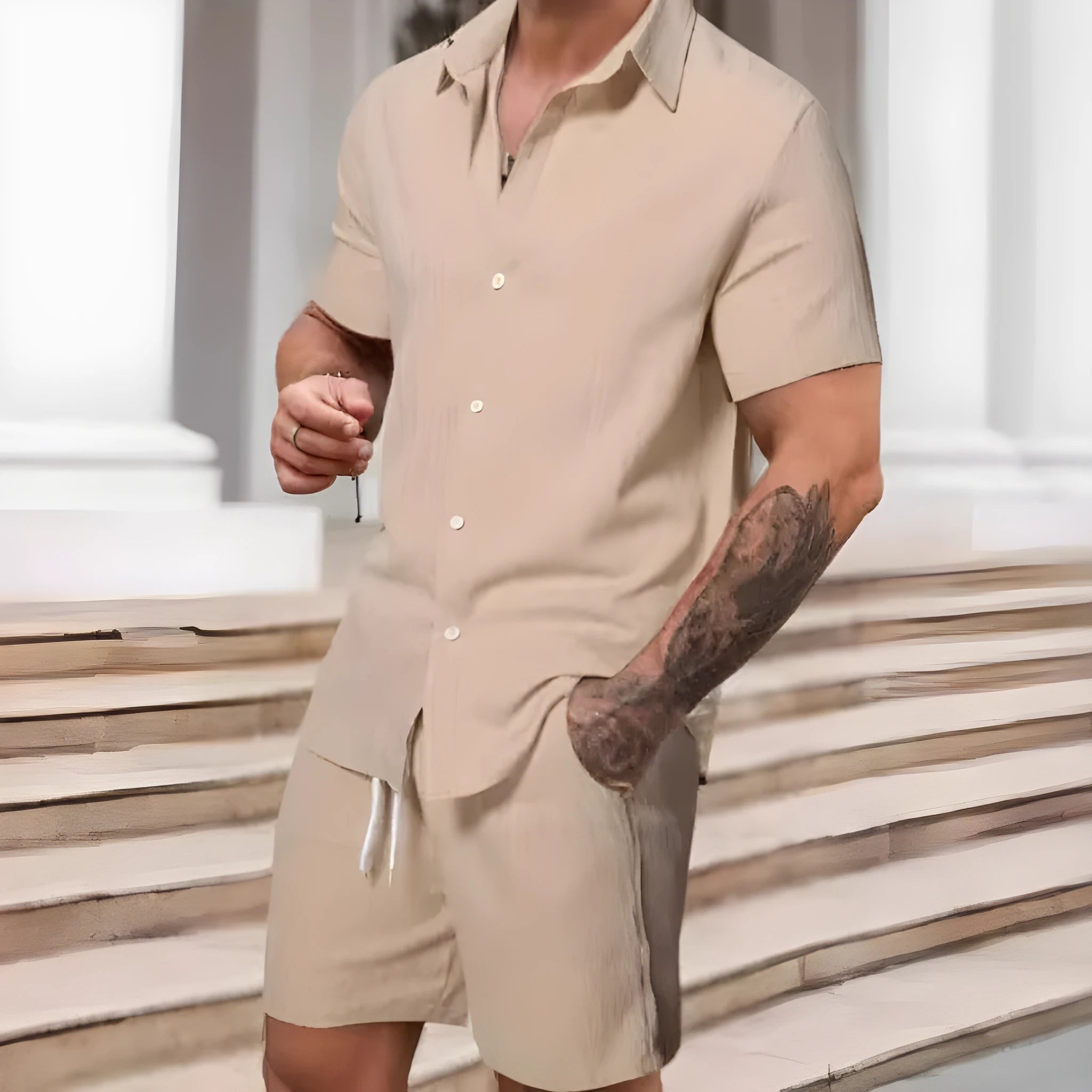 Men's striped casual short sleeve suit set with matching shorts in colour YT50313P1