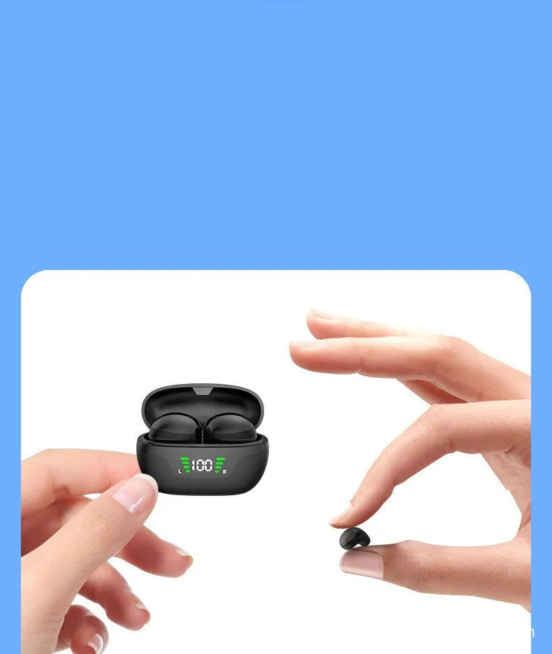 Black wireless Bluetooth Super Mini in-ear earphones with digital display screen and charging cable