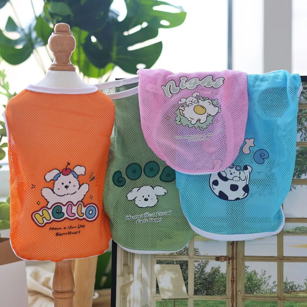 Spring summer grid cartoon printed polyester pet vest in blue, shown on a small dog, size range XS to 6XL