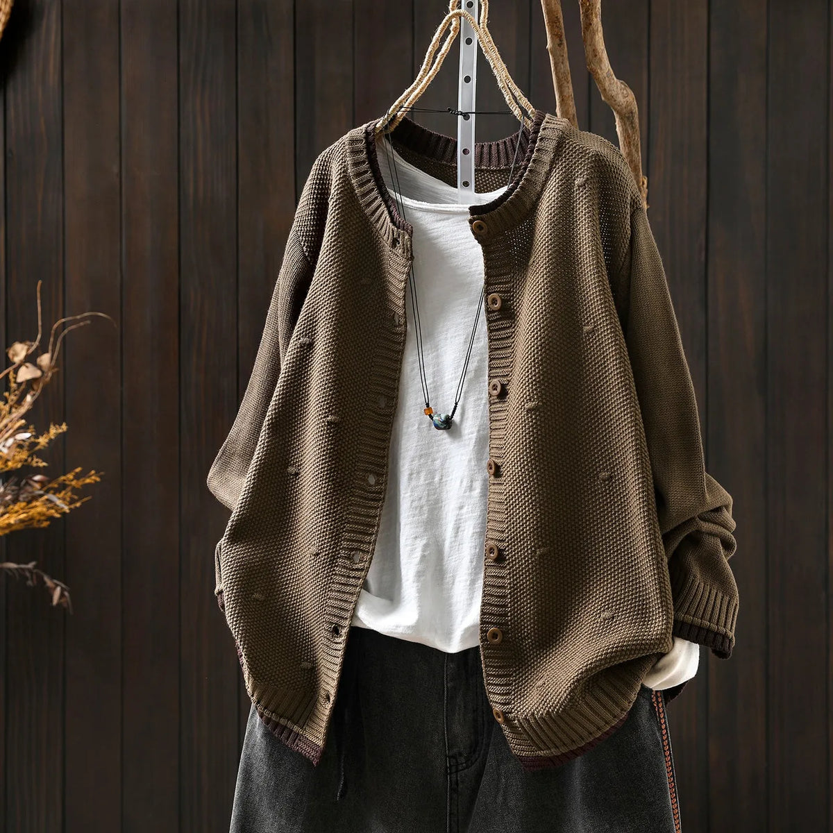 Women's colour block knitted cardigan sweater coat, loose fit long sleeve with pockets, one size, retro casual cotton knit