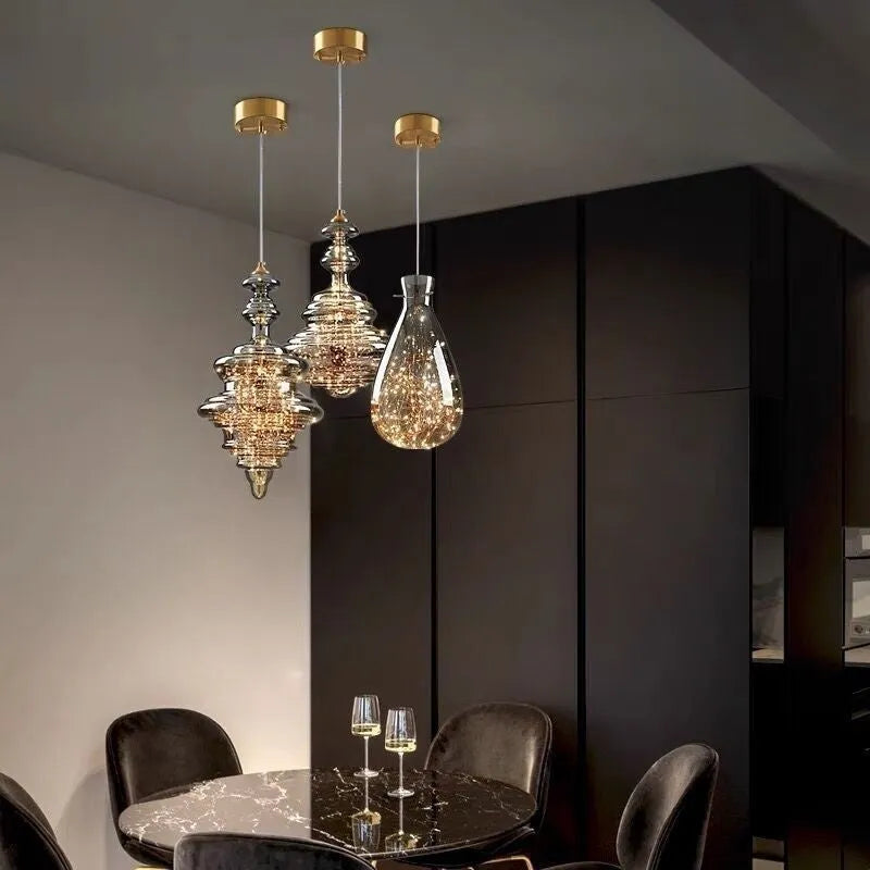 Modern glass chandelier droplight with adjustable height mechanism and LED lighting