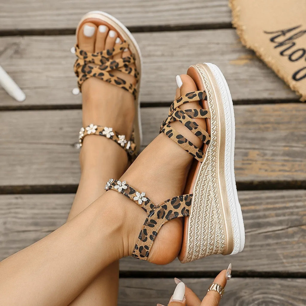 Light brown suede women's platform sandals with ankle buckle straps and open toe design