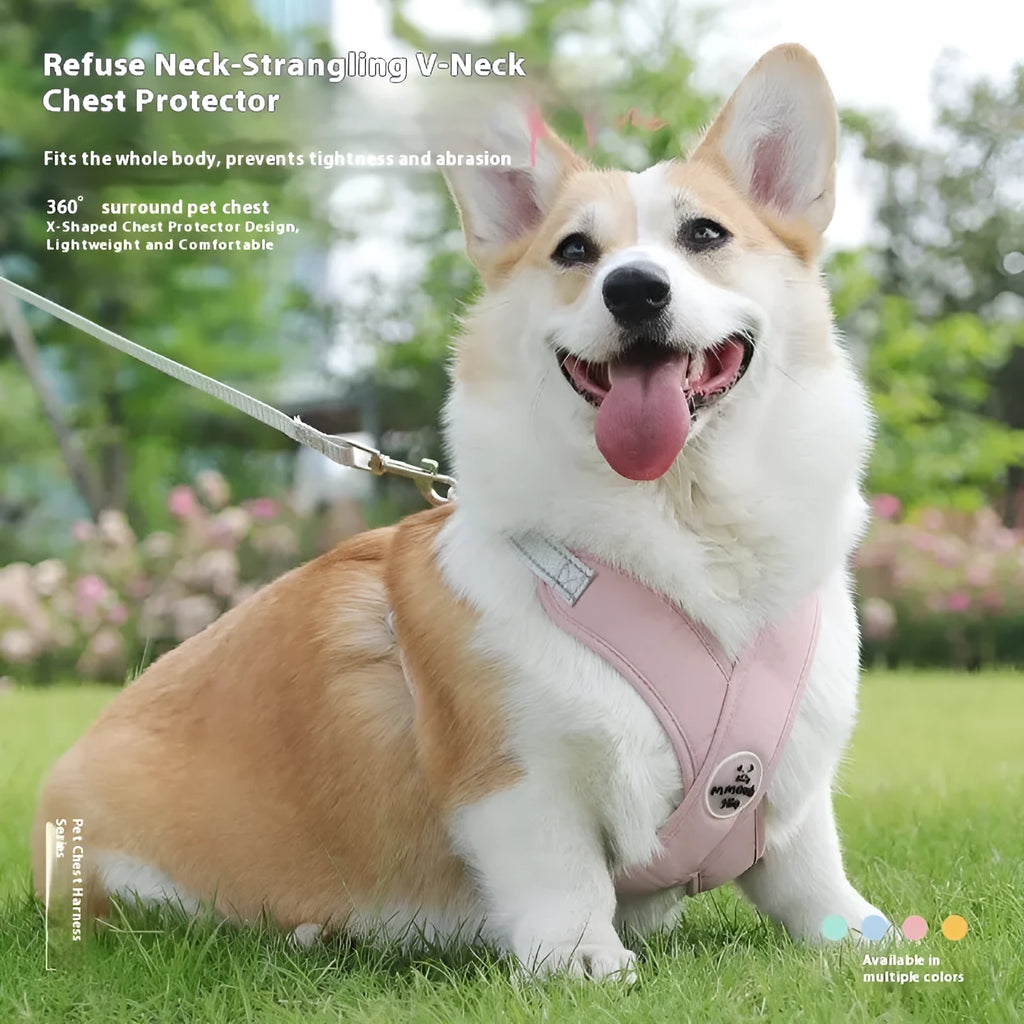Polyester dog vest with attached hand holding rope in blue, green, pink, or yellow.