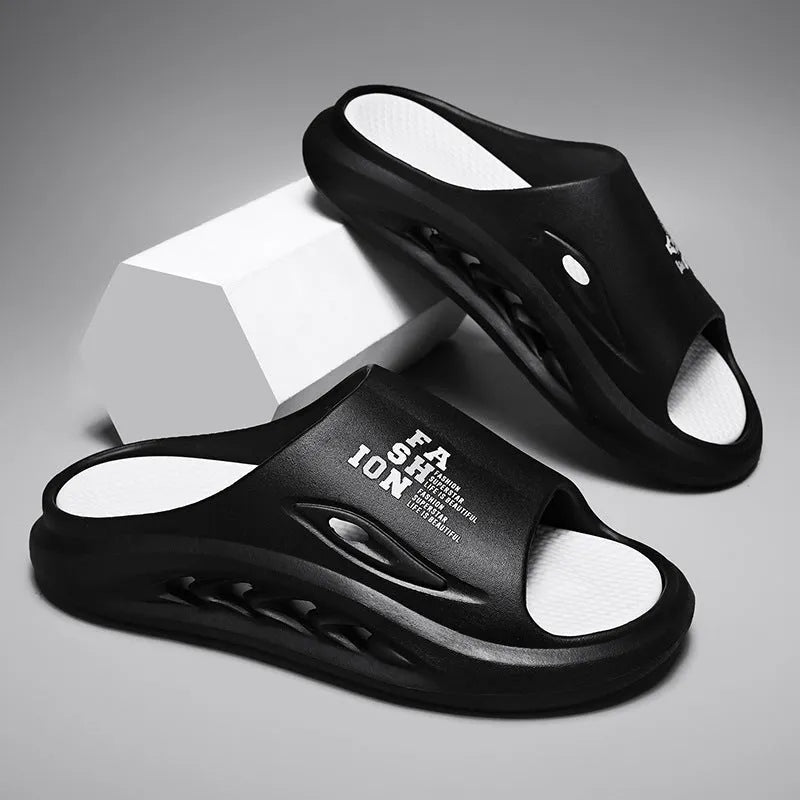 Men's thick soled EVA sports slippers in colour blocked design with frosted finish