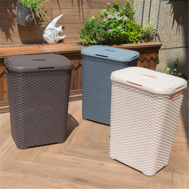 Plastic rattan woven laundry basket in beige, 44x34x62cm polypropylene construction