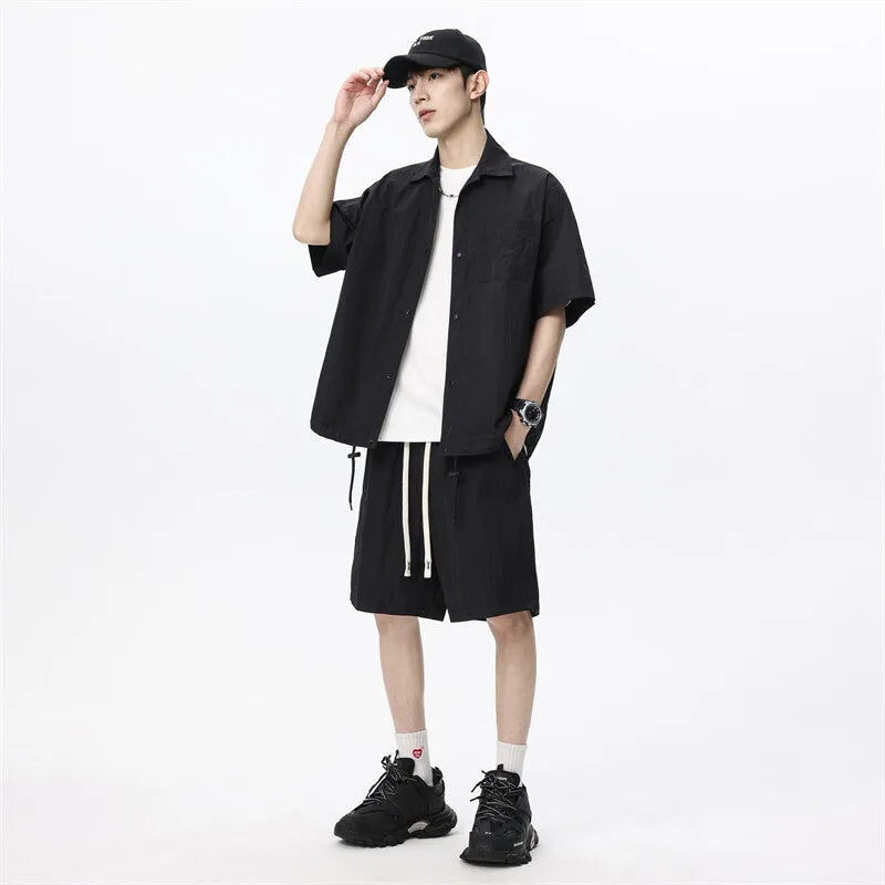 Men's loose-fitting hemp-blend casual shirt and shorts two-piece set in grey