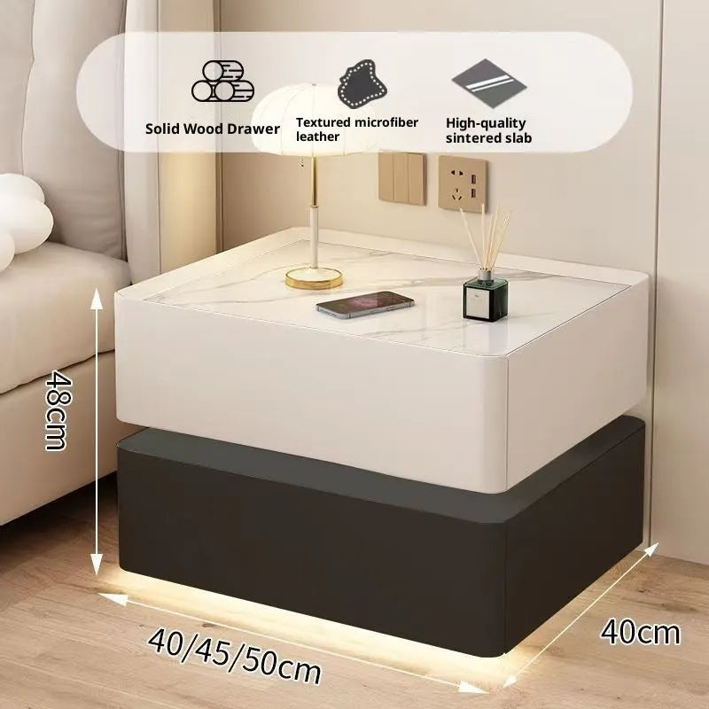 Nordic style smart bedside cabinet with wireless charging pad, Bluetooth speaker, and switch panel in white and black wood finish