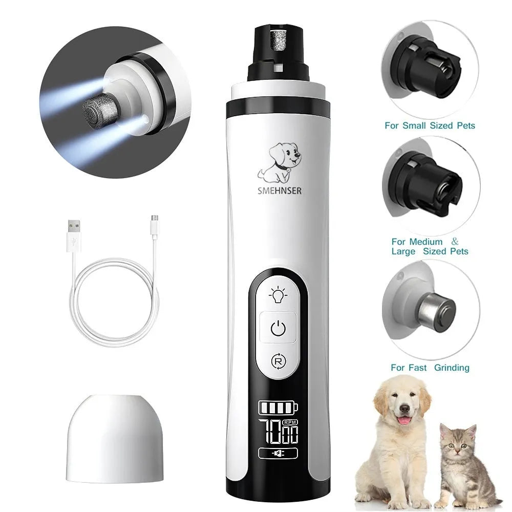Electric dog nail trimmer with LED display showing speed settings on a grey background.
