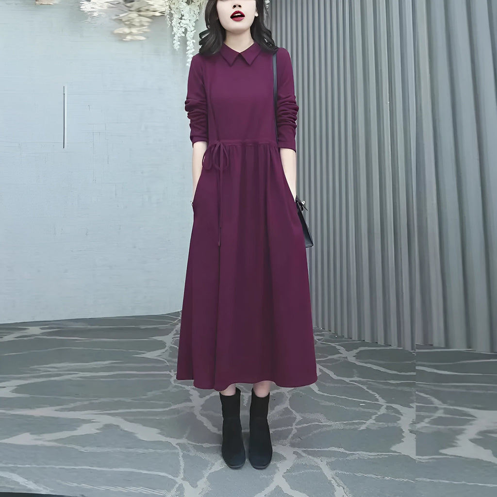 Purplish red plus size long sleeve dress with a long skirt for women.