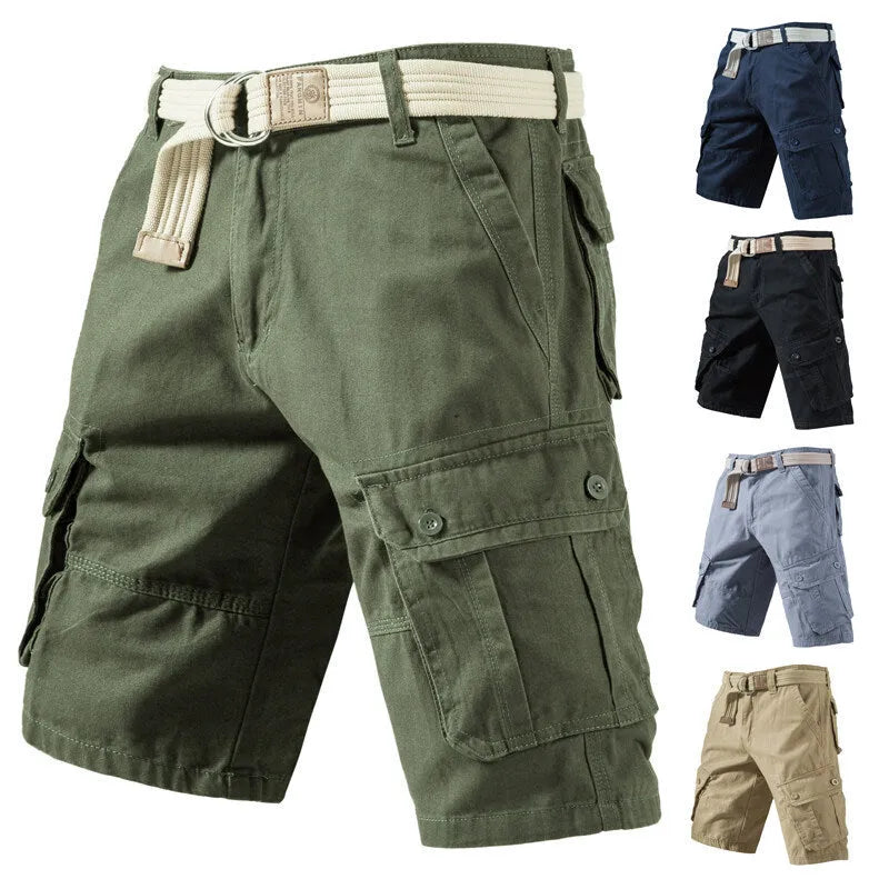 Cotton polyester blend loose fit cargo shorts in army green colour with multiple pockets