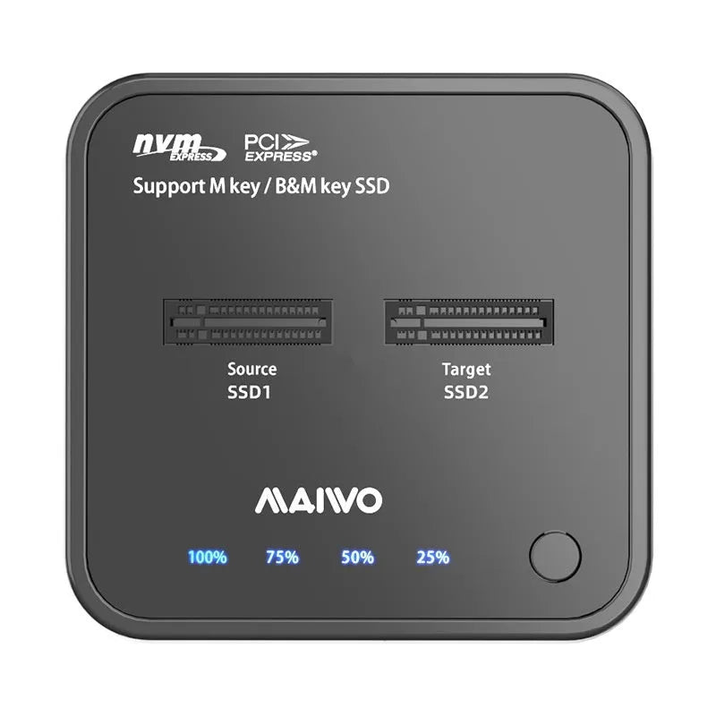 MAIWO K3016 M.2 SSD dock copier unit with data cables and power adapter on a desk.
