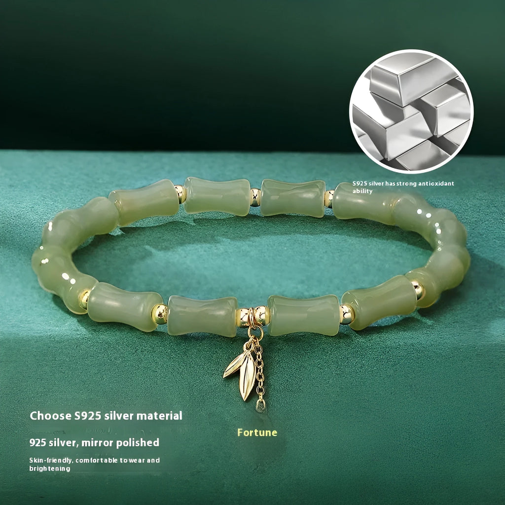 Chinese style bamboo joint bracelet and necklace set with Hetian jade accents