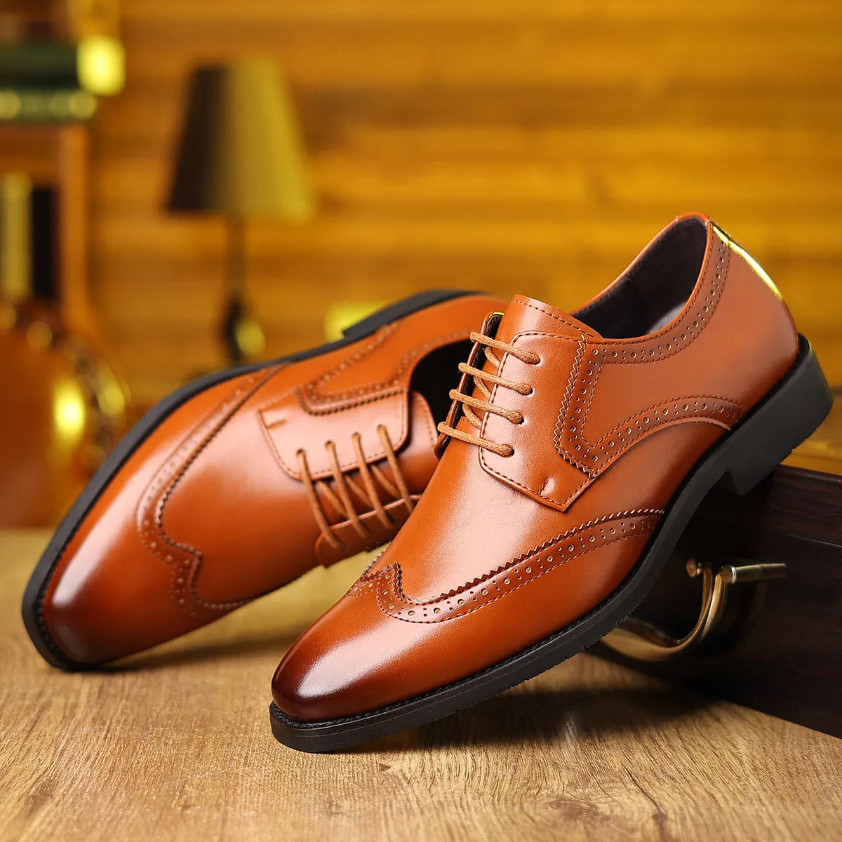 Men's soft-soled casual business formal leather shoes, carved artificial PU upper, black colour, rubber outsole