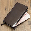 Men's long black PU leather zipper wallet open to show multiple card compartments.