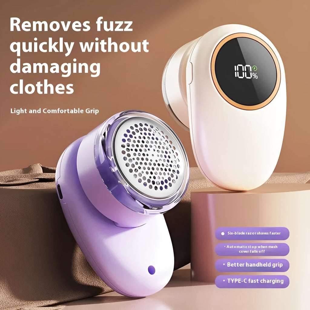 Beige and purple digital display fur ball trimmer with one, two, three, and four cutter head options.