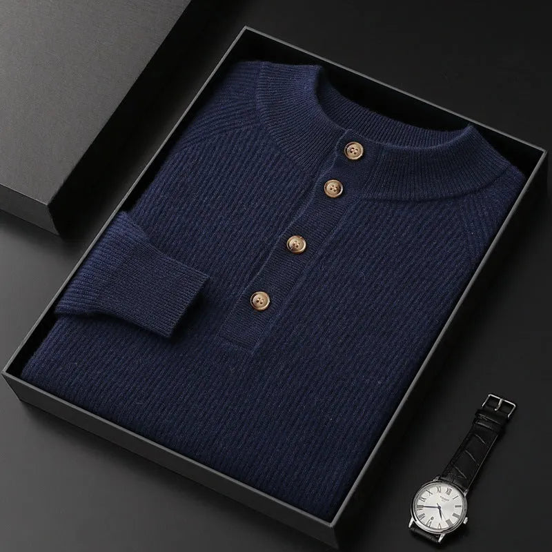 Half-height cardigan collar knitted loose oversized wool sweater pullover in dark blue front view