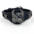 Black leather bracelet with a geometric alloy eagle watch-buttom centrepiece.