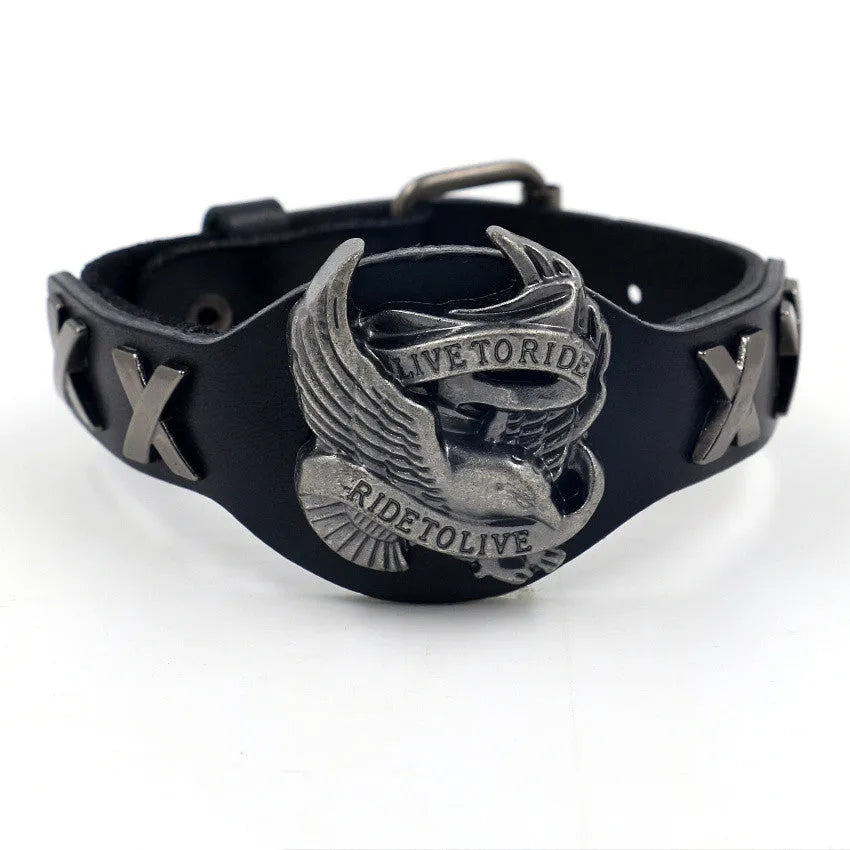 Black leather bracelet with a geometric alloy eagle watch-buttom centrepiece.