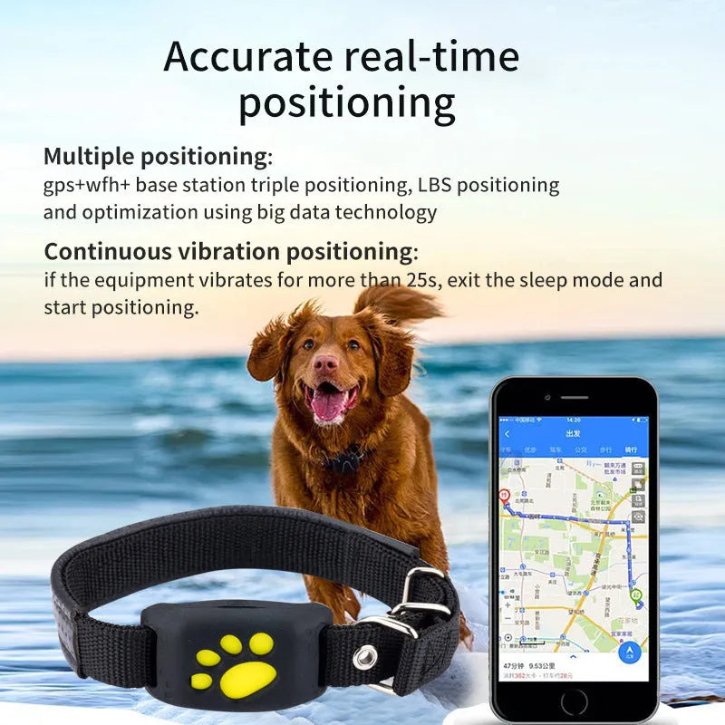 Waterproof GPS pet tracker device in black with yellow interior showing compact 65.5mm design