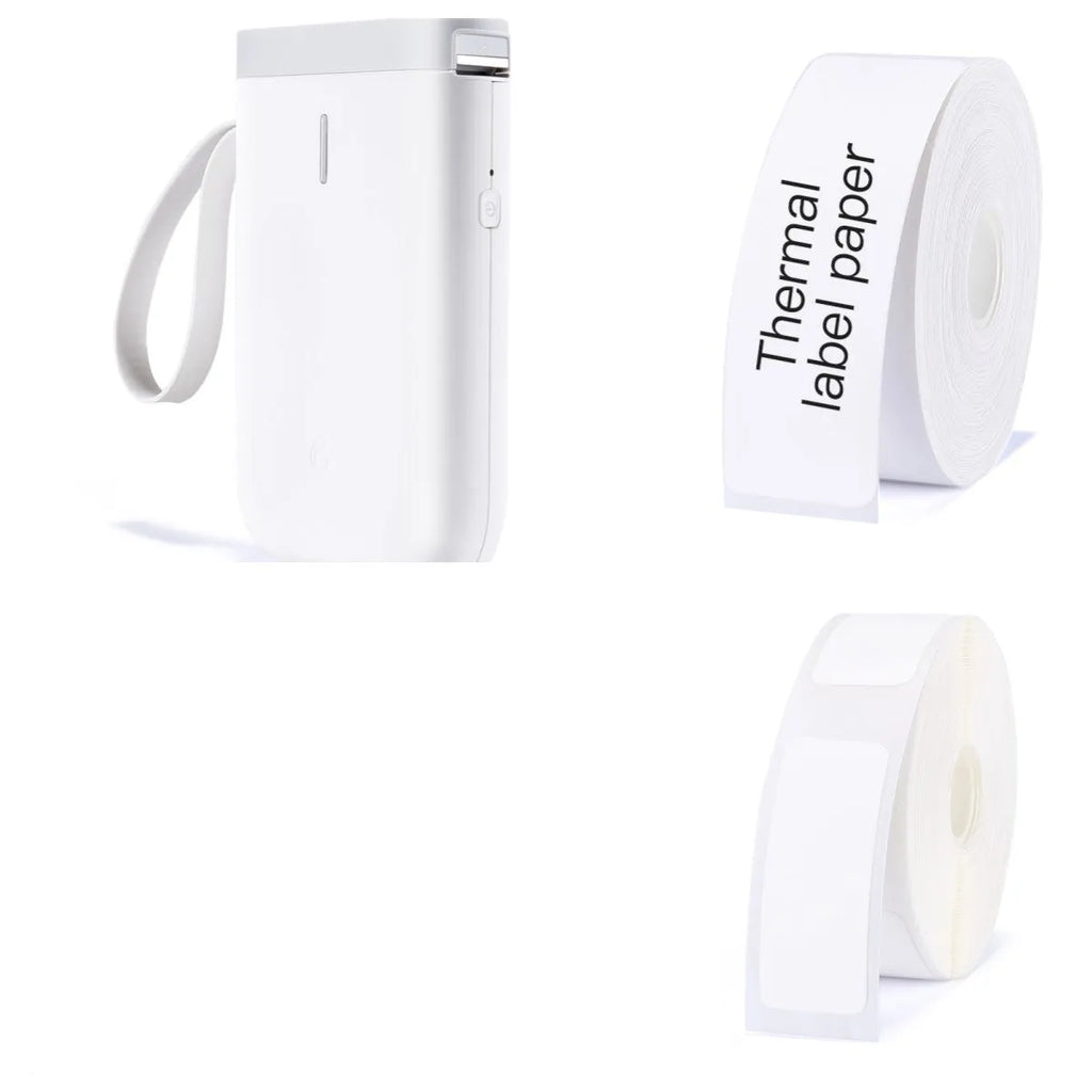 D11 Bluetooth direct thermal label printer in black, compact size 108x76x30mm, with thermal paper roll