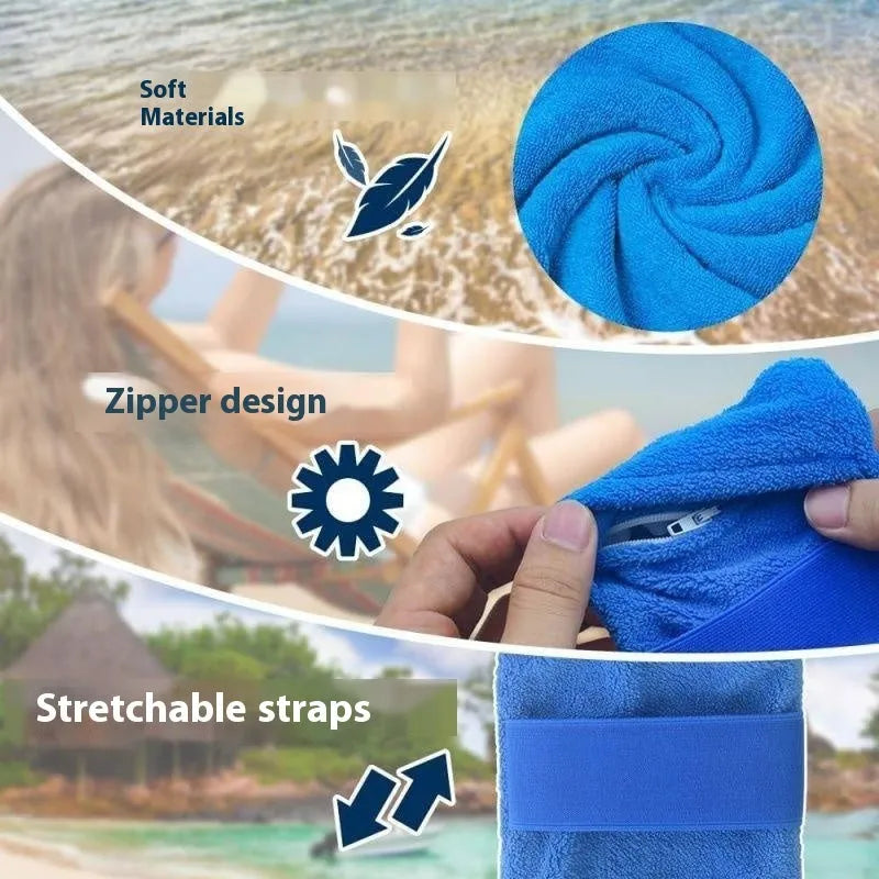 Reusable beach sand remover towel made of coral fleece in blue colour showing size 14x12cm